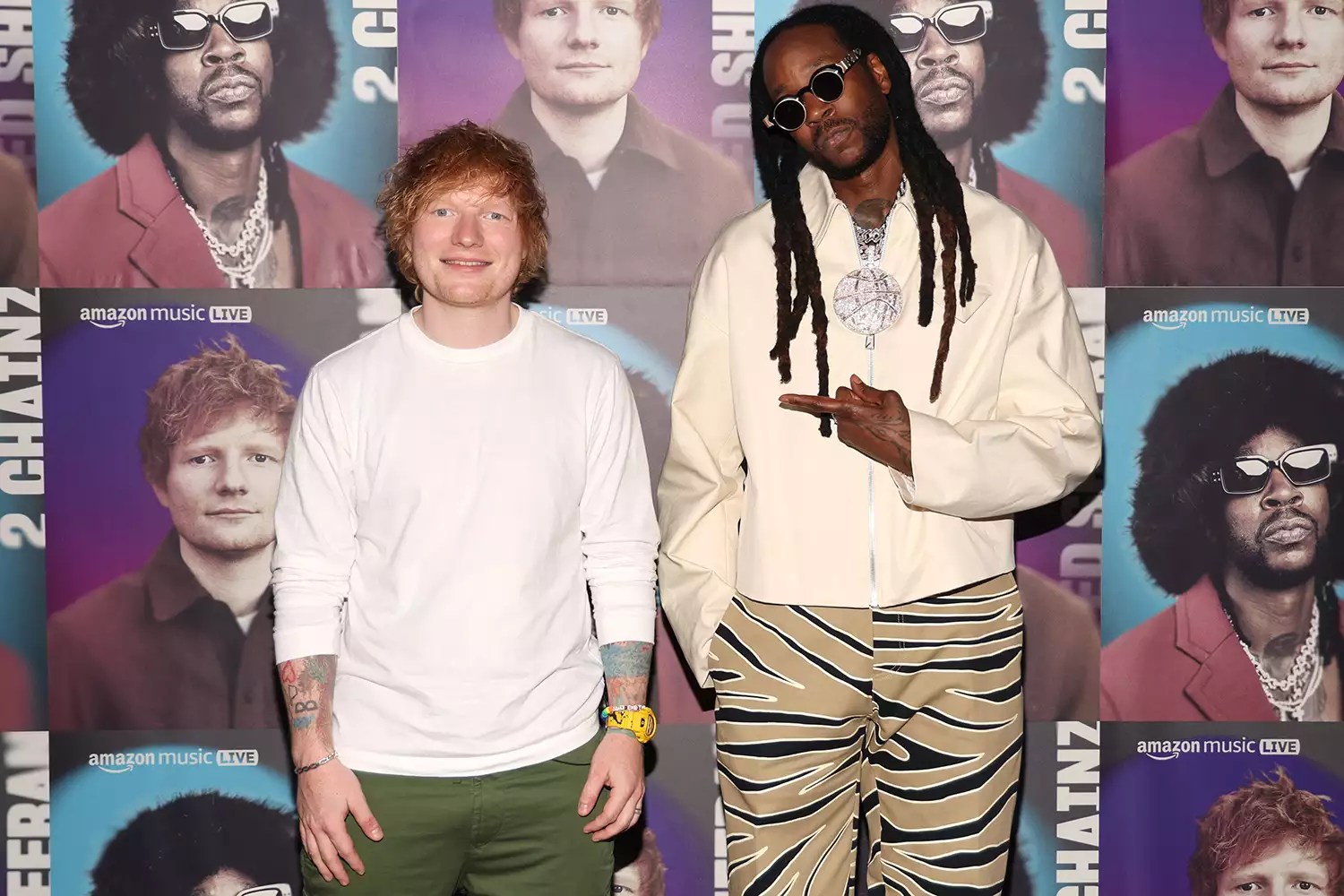 Ed Sheeran and 2Chainz pose backstage at Amazon Music Live Concert Series 2023