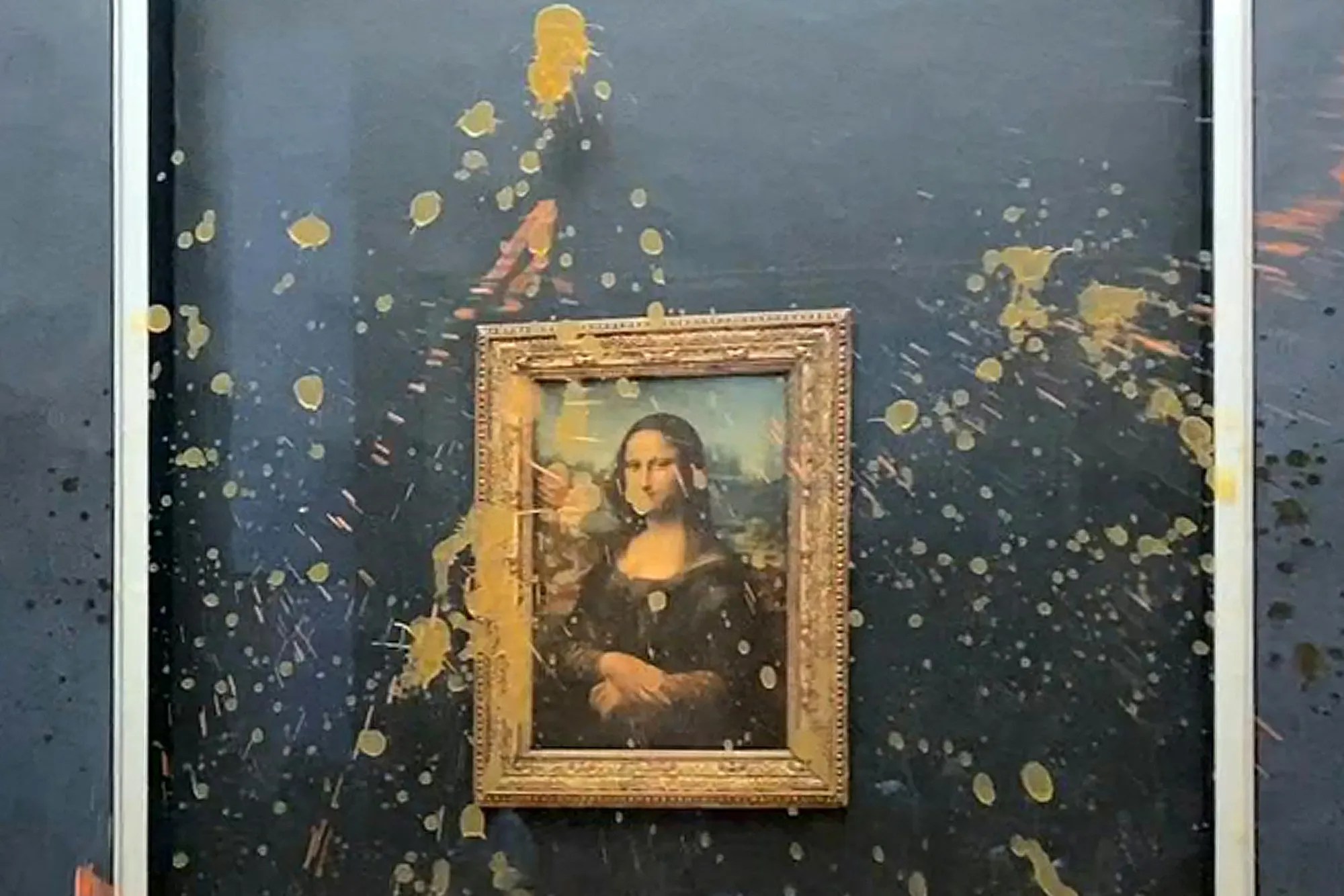 This image grab taken from AFPTV footage shows Leonardo Da Vinci&rsquo;s Mona Lisa, painting doused in soup