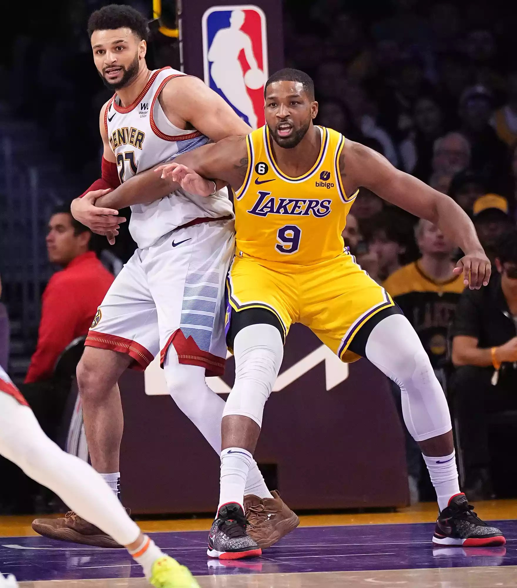 Tristan Thompson #9 of the Los Angeles Lakers plays defense during Game Four of the Western Conference Finals