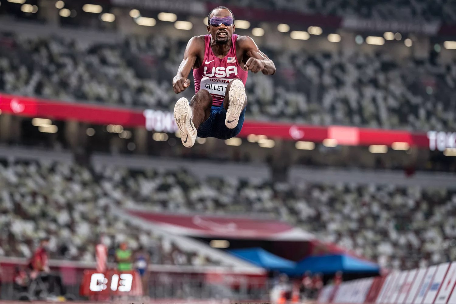 US athlete Lex Gillette jumps during the men&rsquo;s long jump