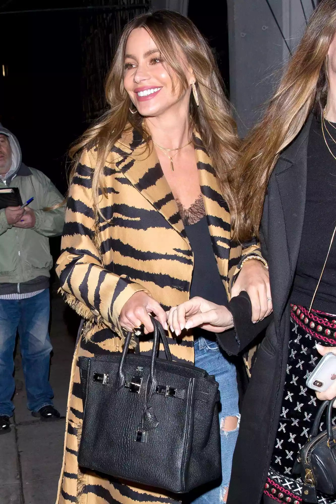 Sofia Vergara Looks Chic In An Animal Print Coat And Ripped Denim Jeans As She Was Seen Leaving Dinner At &lsquo;Craig&rsquo;s Restaurant&rsquo; In West Hollywood, CA