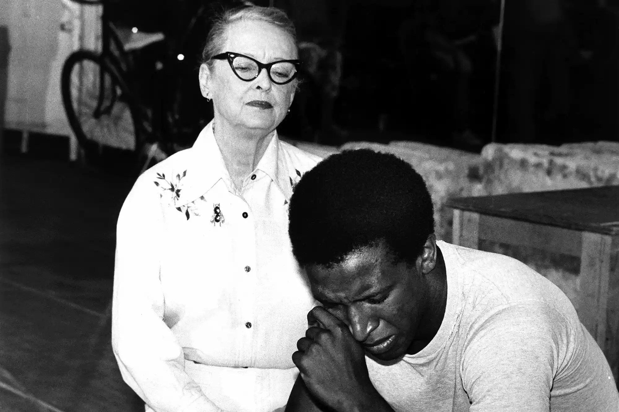 MISS MOFFAT, from left, Bette Davis, Dorian Harewood, in rehearsal, Philadelphia, 1974 (show never made it to Broadway)