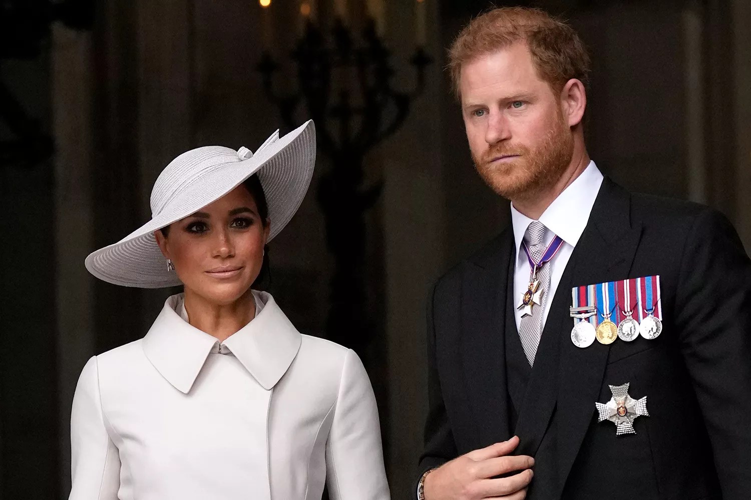 Prince Harry and Meghan Markle, Duke and Duchess of Sussex leave after a service of thanksgiving for the reign of Queen Elizabeth II at St Paul&rsquo;s Cathedral in London, Friday, June 3, 2022.