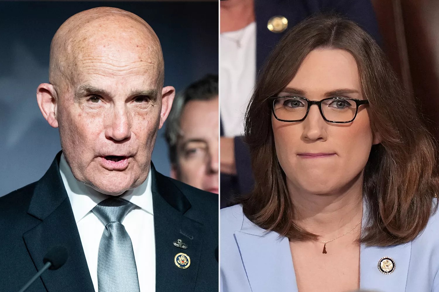 U.S. Representative Keith Self (R-TX) speaking at a press conference; U.S. Rep. Sarah McBride (D-DE) listens as the House votes for Speaker of the House