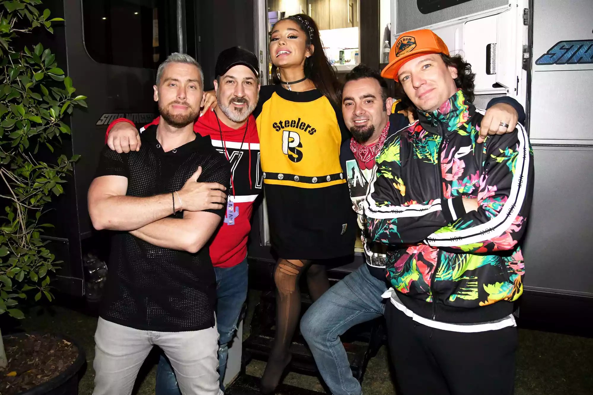 Ariana Grande (C) with members of NSYNC Lance Bass, Joey Fatone, Chris Kirkpatrick and JC Chasez attend 2019 Coachella