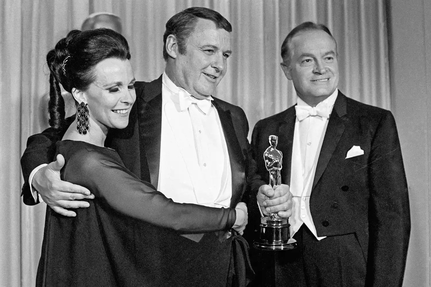 From left: Claire Bloom, Rod Steiger and Bob Hope pose during the 40th annual Academy Awards on April 12, 1968