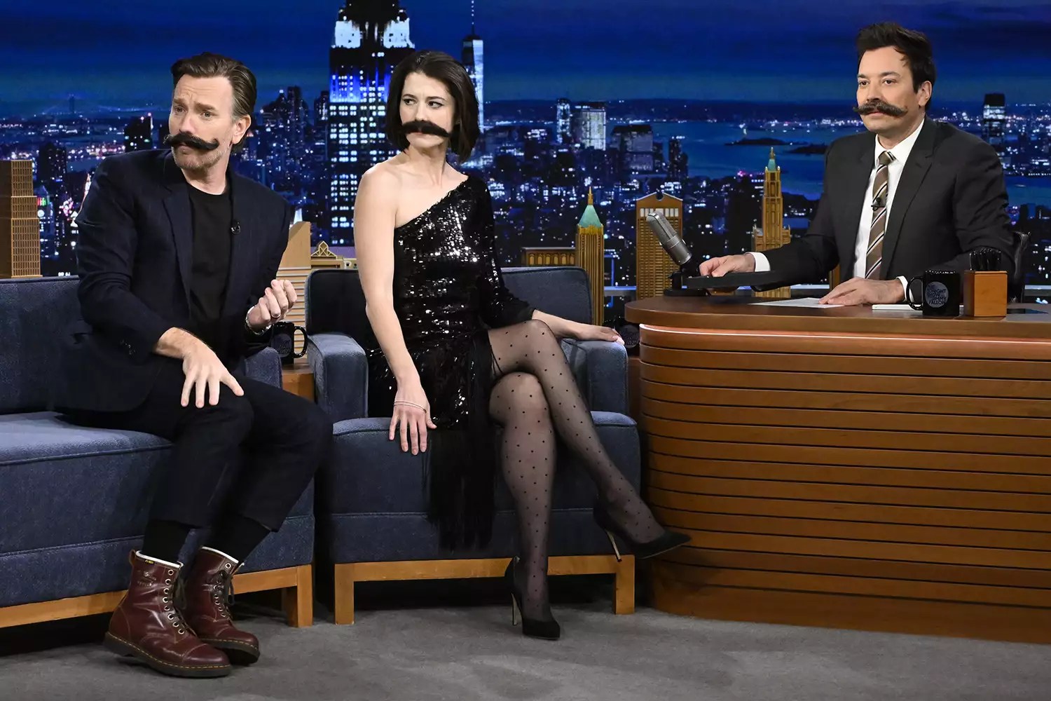 Ewan McGregor &amp; Mary Elizabeth Winstead during an interview with host Jimmy Fallon