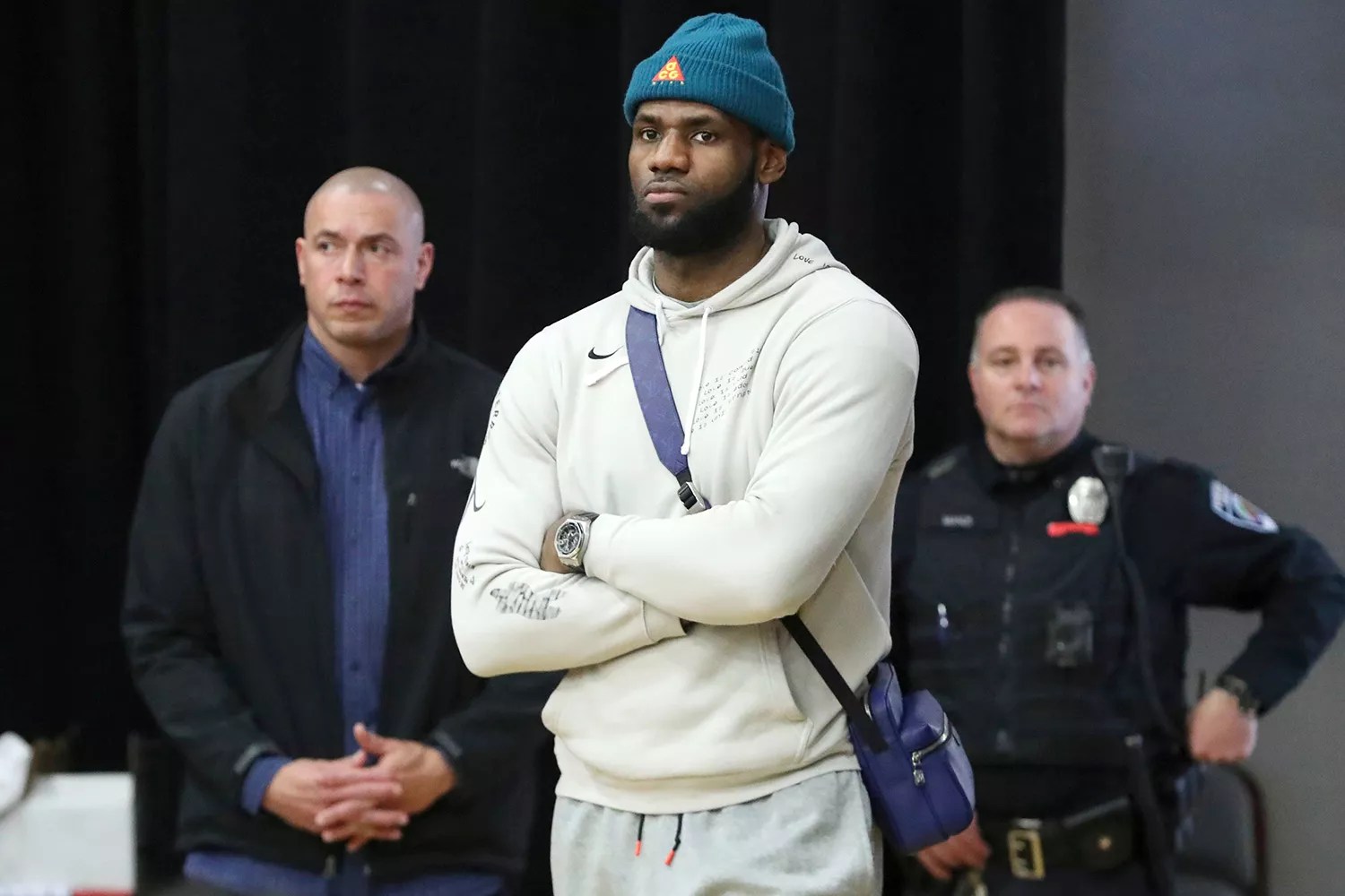 LeBron James waits for the end of the game to meet his son, Sierra Canyon&rsquo;s Bronny James #0 after their defeat at the hands of Paul VI in a high school basketball game at the Hoophall Classic, in Springfield, MA 2020 Hoophall Classic, Springfield, USA - 20 Jan 2020