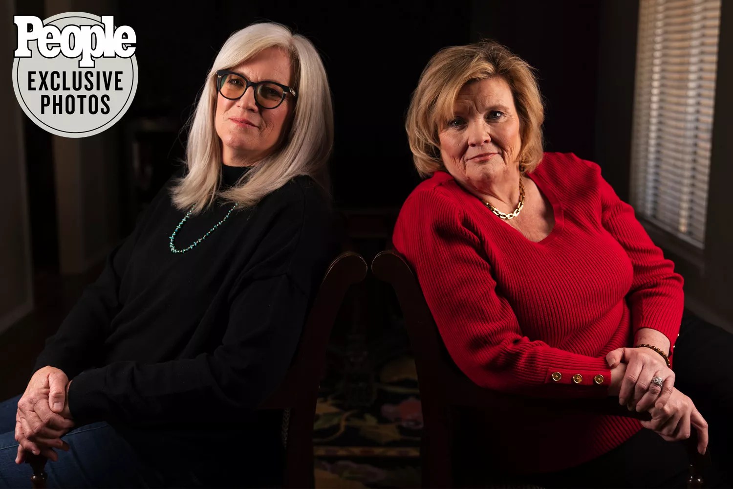 Tina Ennis (left) and Jill Lopez, who were accidentally switched at birth, pose for a portrait