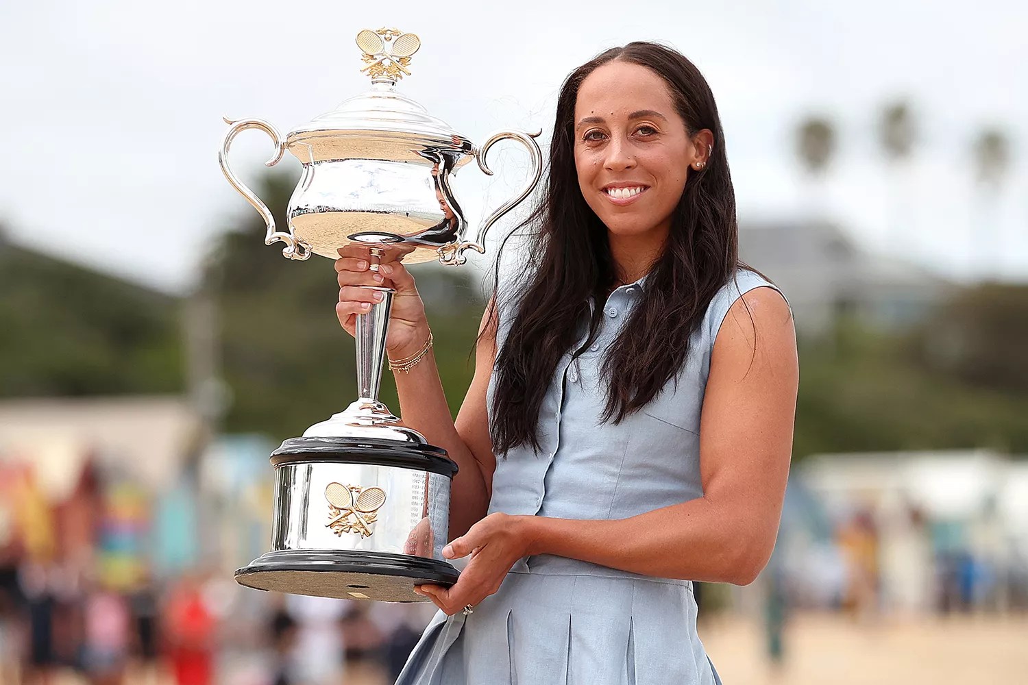 Madison Keys of the United States poses with the Daphne Akhurst Memorial Cup during the 2025 Australian Open Women&rsquo;s champion media opportunity at Brighton Life Saving Club on January 26, 2025 in Melbourne, Australia. Keys defeated Aryna Sabalenka in last night&rsquo;s Women&rsquo;s Singles Final