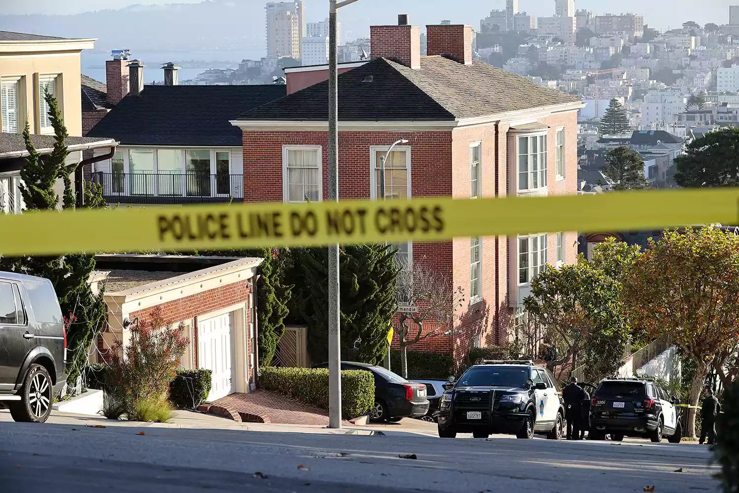 Police take measurements around Speaker of the United States House of Representatives Nancy Pelosi&rsquo;s home after her husband Paul Pelosi was assaulted with hammer inside their Pacific Heights home early morning on October 28, 2022 in San Francisco, California, United States.