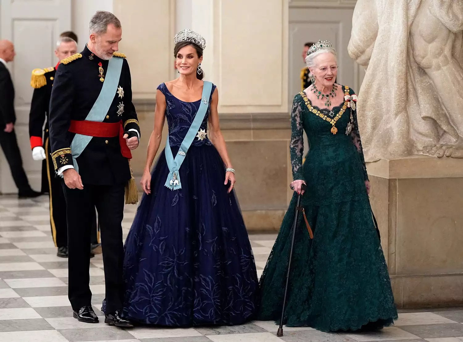 King Felipe of Spain, Queen Letizia of Spain and Queen Margrethe II of Denmark arrive for a State Banquet at Christiansborg Castle in Copenhagen on November 6, 2023, on the occasion of a visit of Spain&rsquo;s royal couple to Denmark