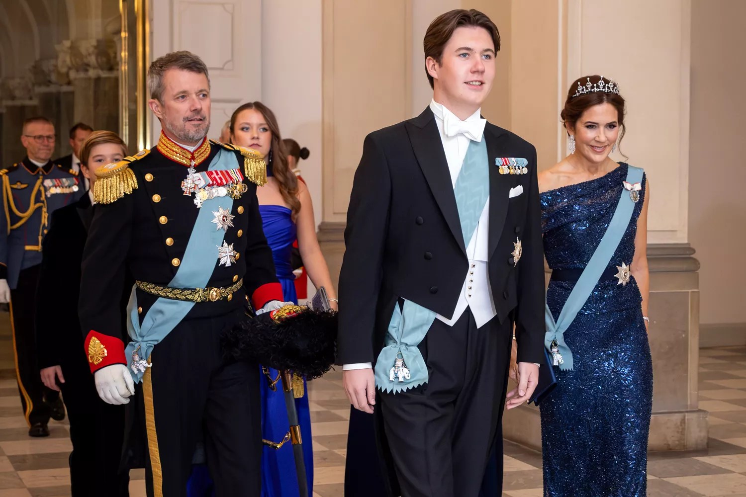 Prince Vincent of Denmark, Crown Prince Frederik of Denmark, Princess Isabella of Denmark, Prince Christian of Denmark, Princess Josephine of Denmark and Crown Princess Mary of Denmark attend the gala diner to celebrate the 18th birthday of H.K.H. Prince Christian&rsquo;s at Christiansborg Palace on October 15, 2023