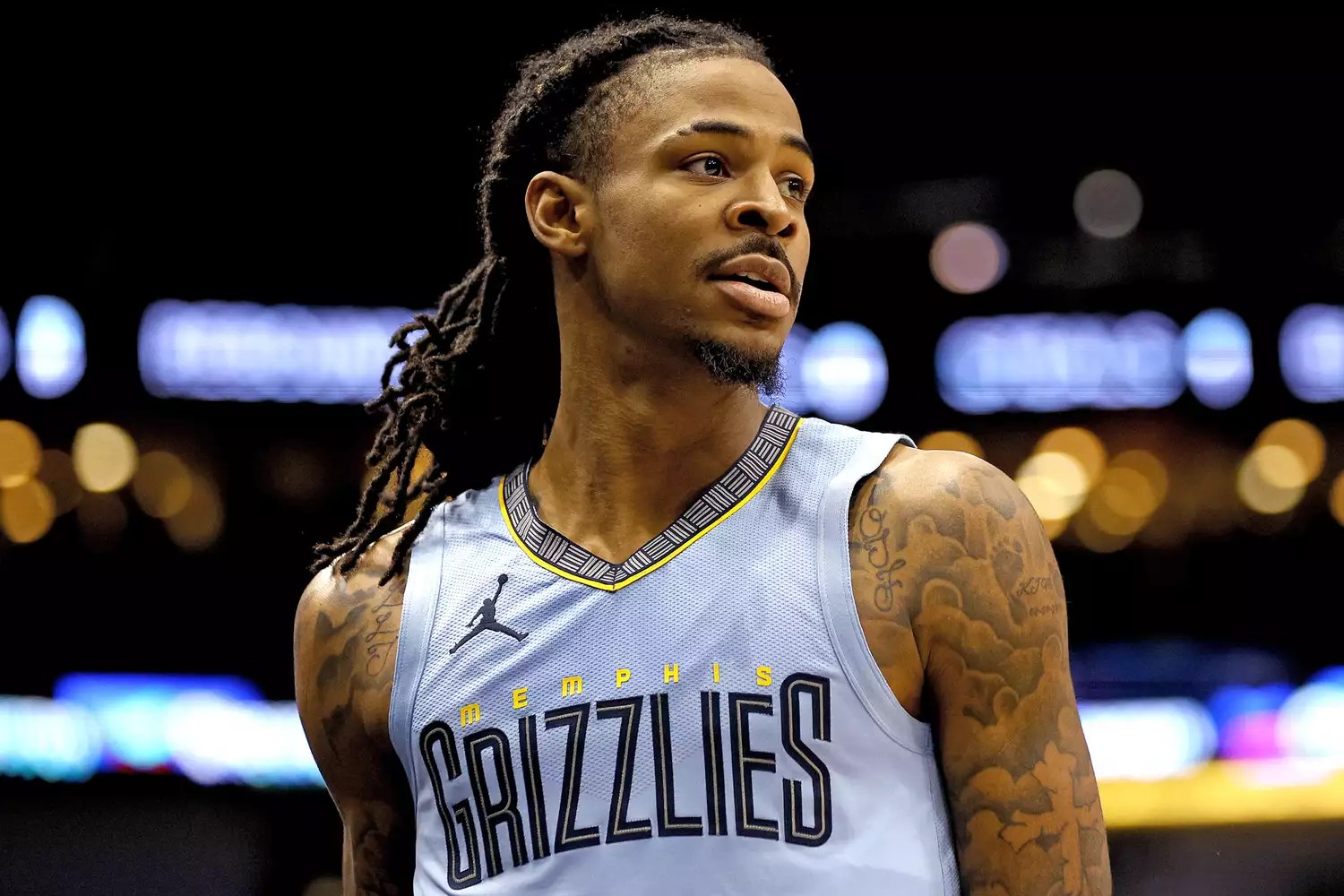 Ja Morant #12 of the Memphis Grizzlies stands on the court during the third quarter of an NBA game against the New Orleans Pelicans at Smoothie King Center on December 26, 2023