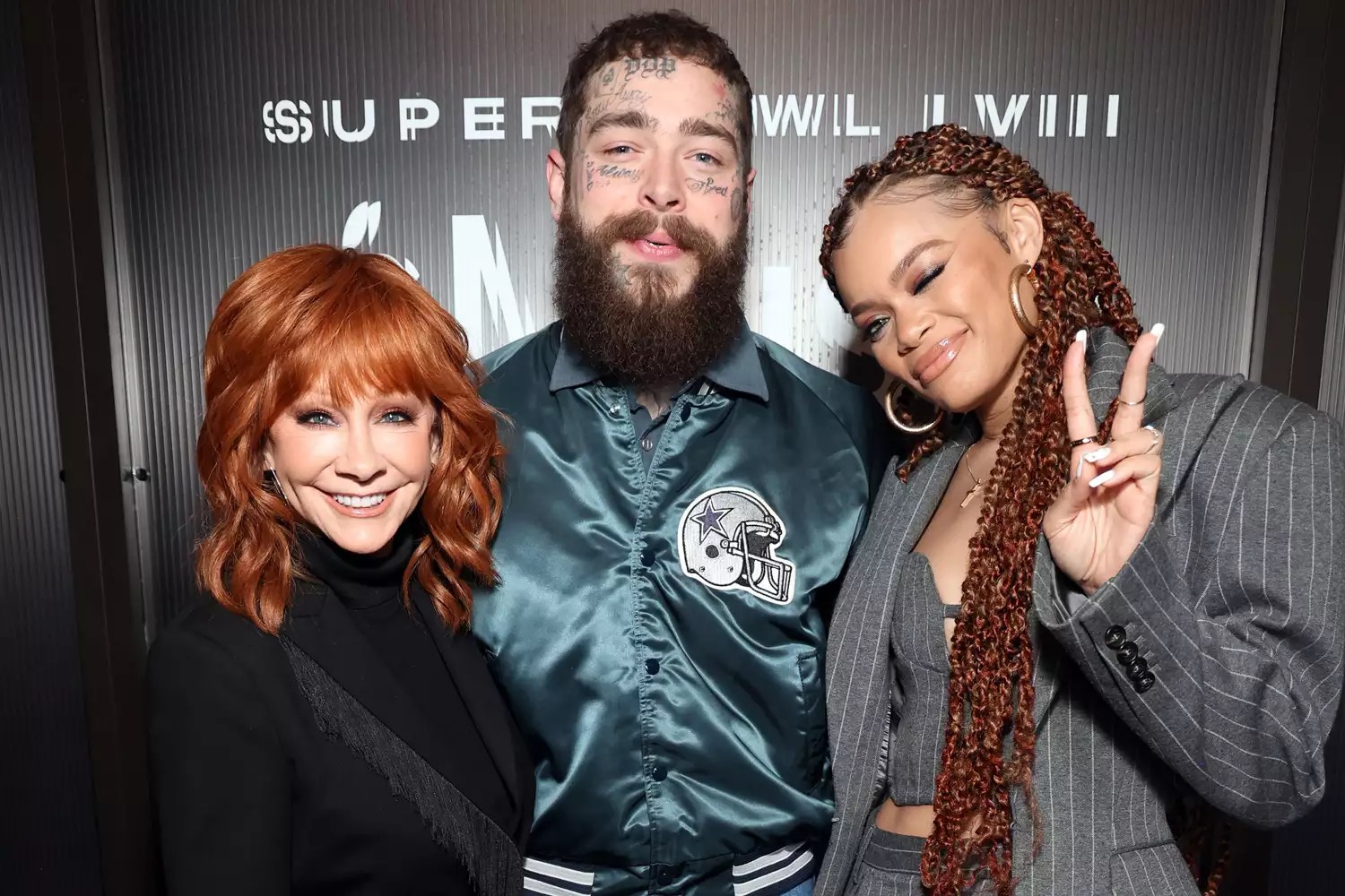 Reba McEntire, Post Malone and Andra Day attend the Super Bowl LVIII Pregame &amp; Apple Music Super Bowl LVIII Halftime Show press conference at the Mandalay Bay Convention Center on February 08, 2024 in Las Vegas, Nevada.