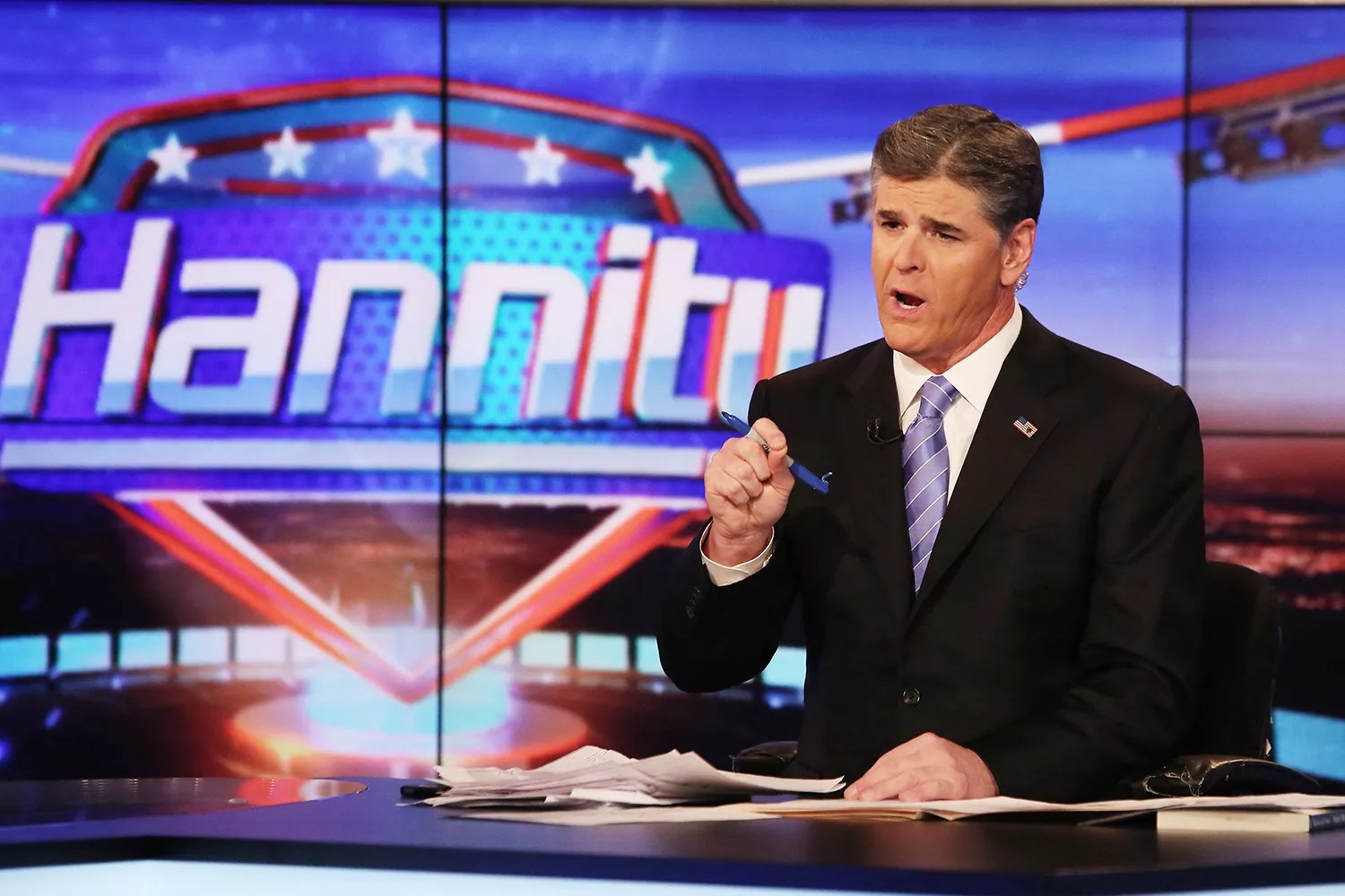 Host Sean Hannity on set of FOX&rsquo;s &ldquo;Hannity With Sean Hannity&rdquo; at FOX Studios on April 21, 2014 in New York City.