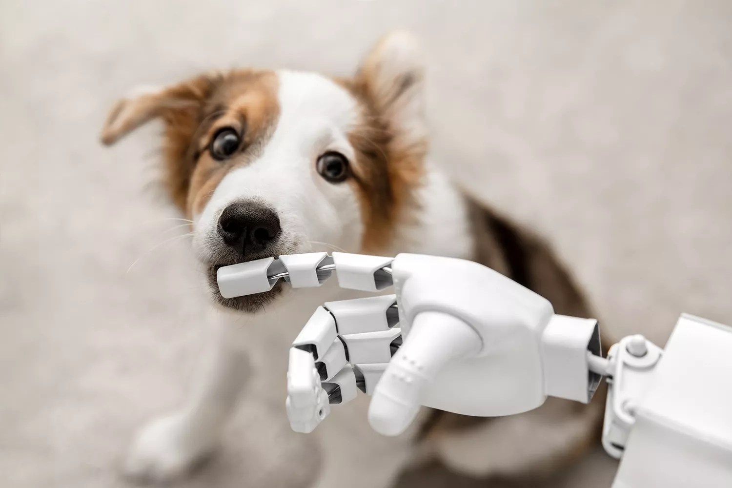 cyborg or robot hand is holding his finger to a puppy, sitting on the floor