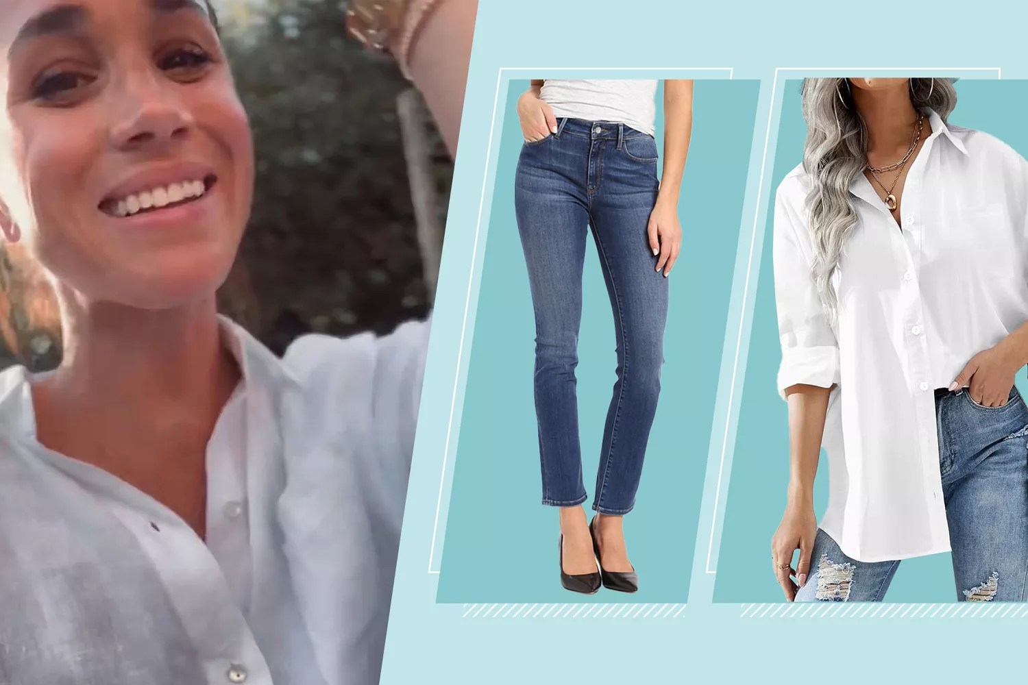 Meghan Markle smiling on left wearing a white button down shirt with two products on right showcased on models within two blue diagonal boxes