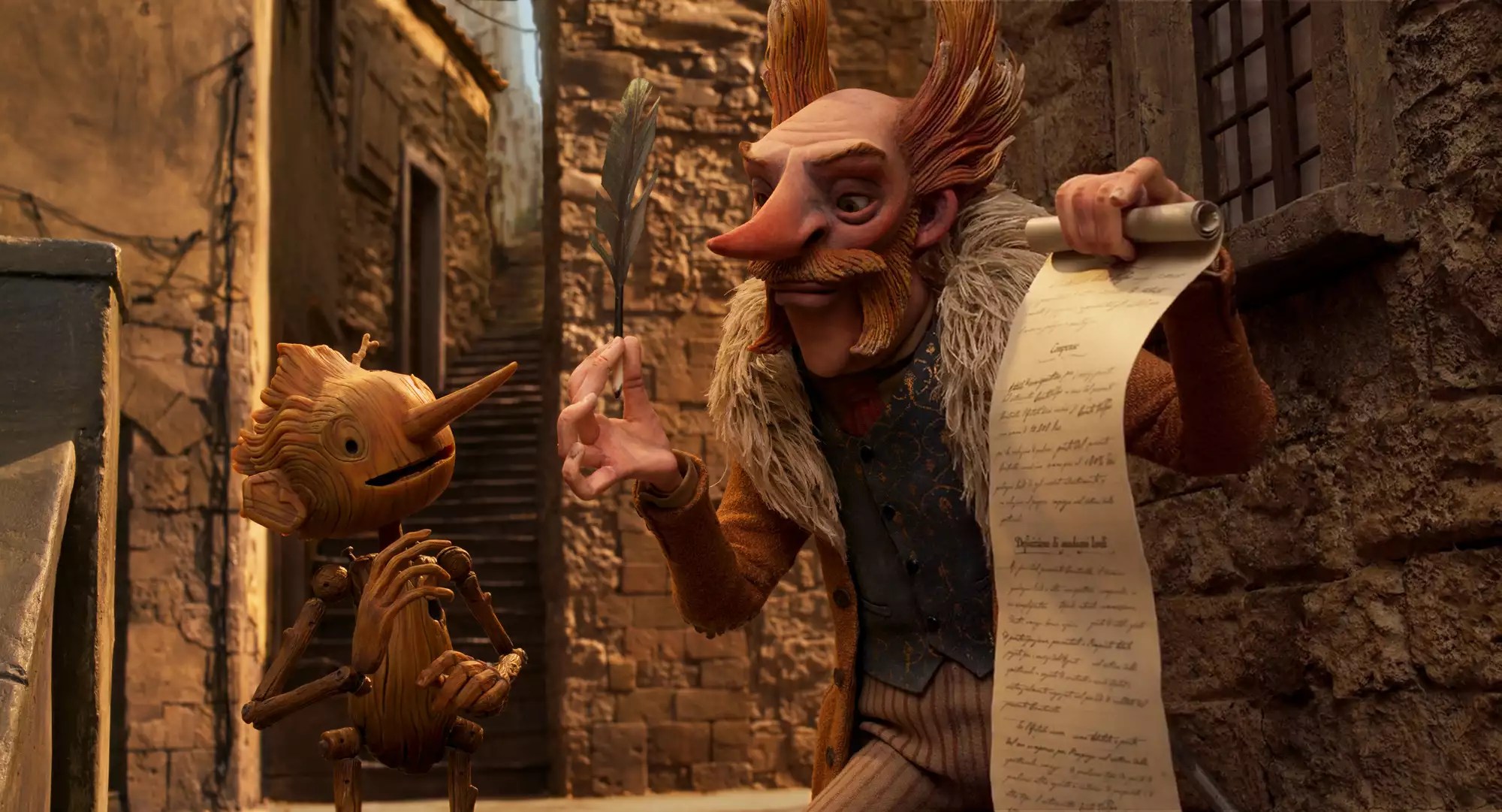 Guillermo del Toro&rsquo;s Pinocchio - (L-R) Pinocchio (voiced by Gregory Mann) and Count Volpe (voiced by Christoph Waltz)