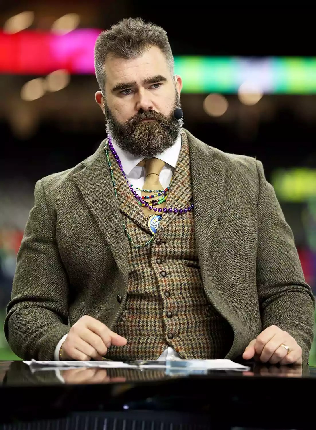 Jason Kelce, ESPN analyst, looks on ahead of Super Bowl LIX between the Kansas City Chiefs and Philadelphia Eagles at Caesars Superdome on February 09, 2025 in New Orleans, Louisiana.