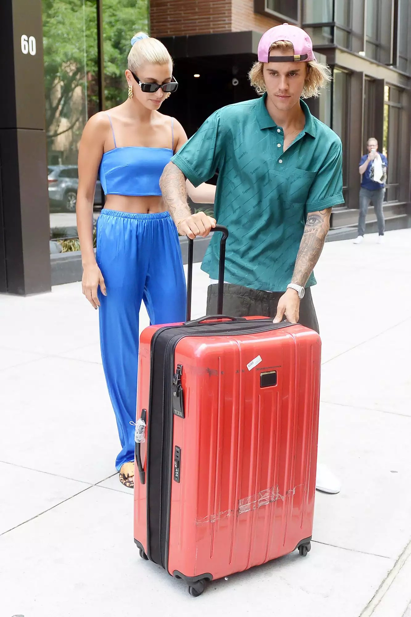 Justin Bieber and her fiance Hailey Baldwin are seen rolling lugages while leaving their brooklyn New York apartment