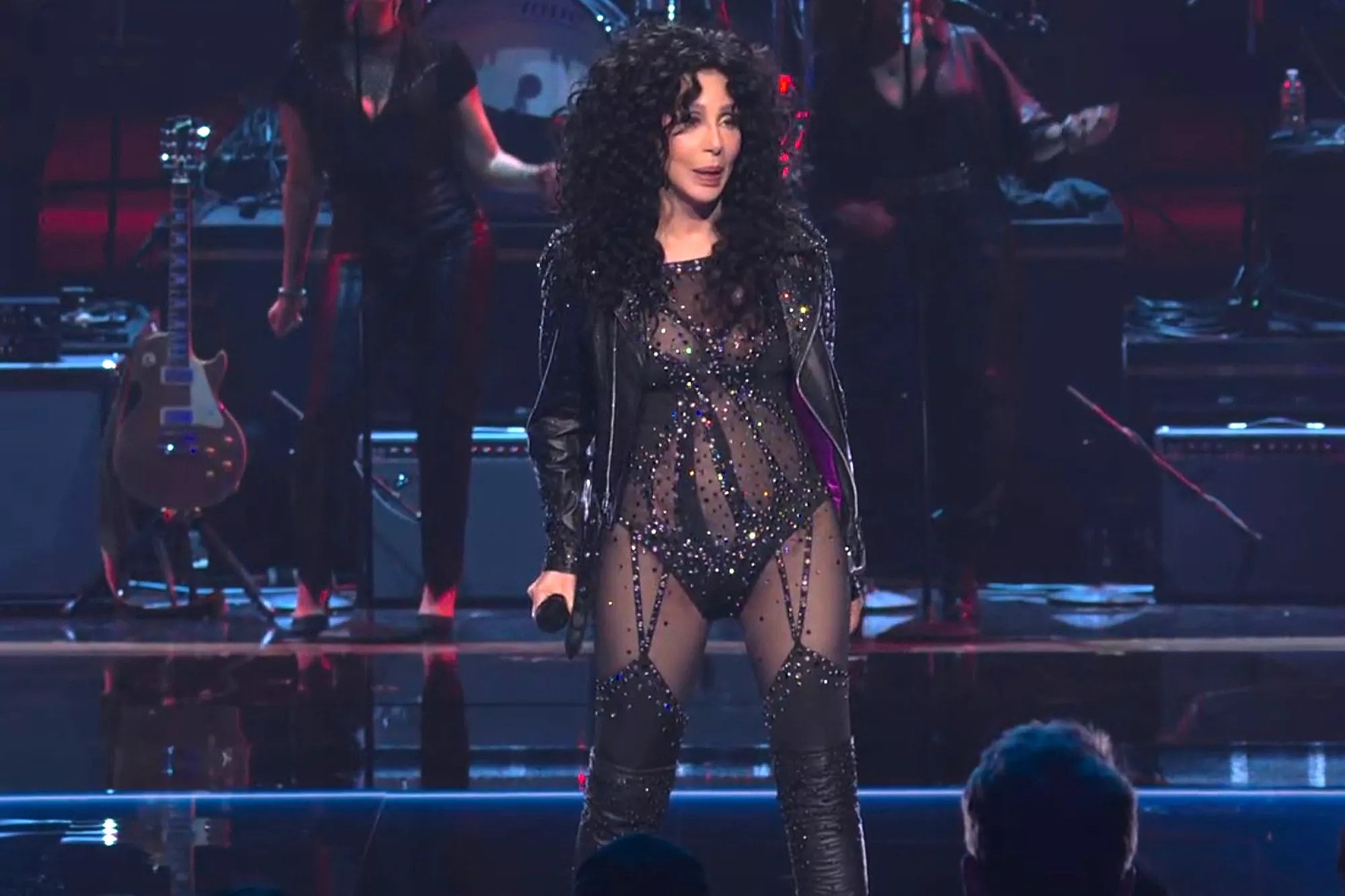 Cher, 78, Rocks SNL 50th Concert in Leather Jacket, Bedazzled Bodysuit