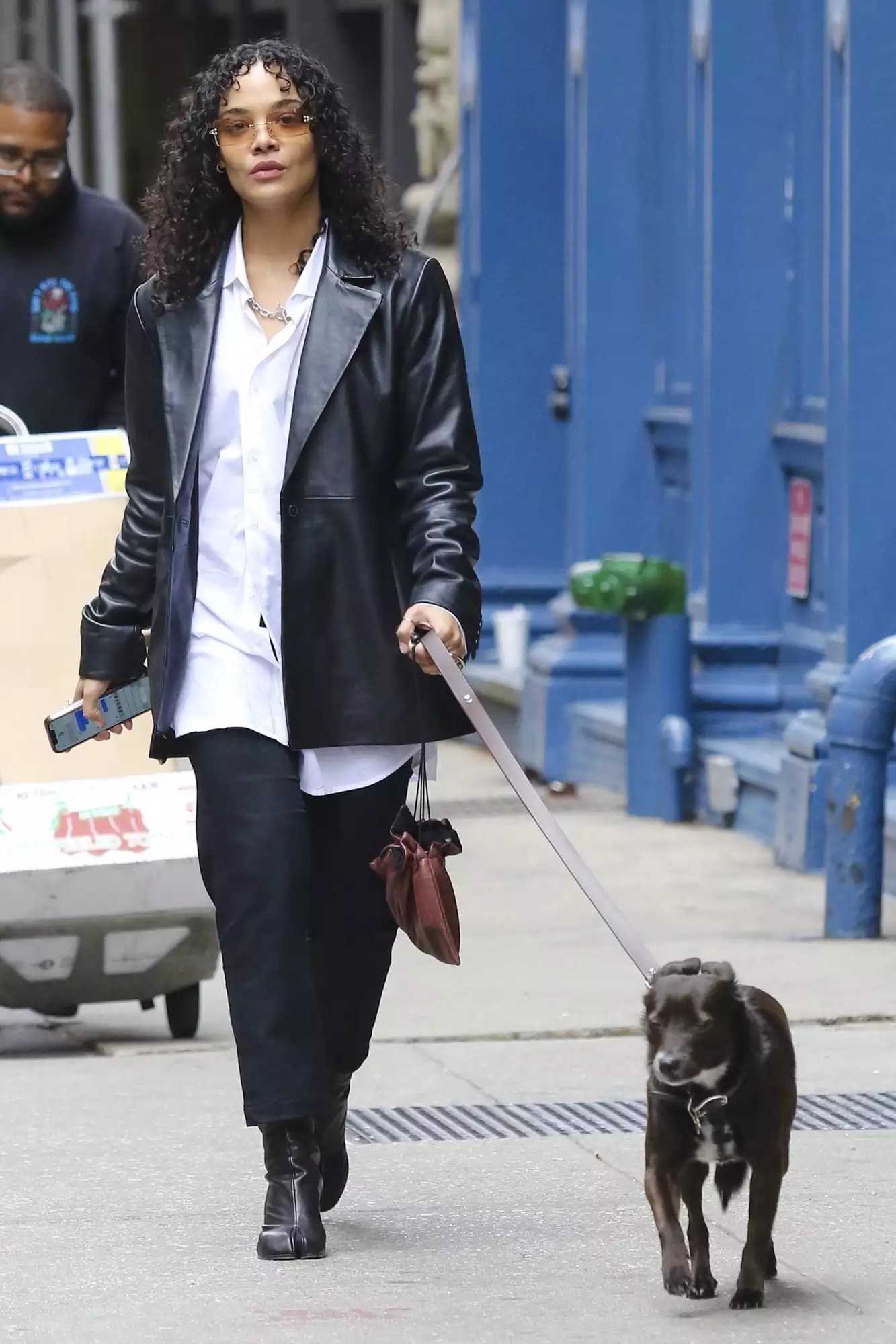 Tessa Thompson walking with her dog in NYC