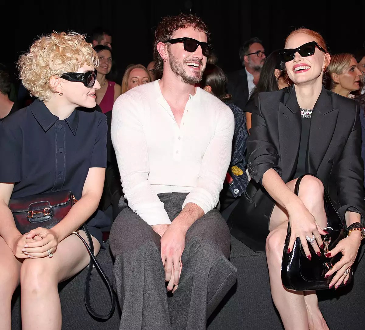 Julia Garner, Paul Mescal, Jessica Chastain and Elizabeth Stewart is seen at Gucci Ancora during Milan Fasion week on September 22, 2023 in Milan, Italy.
