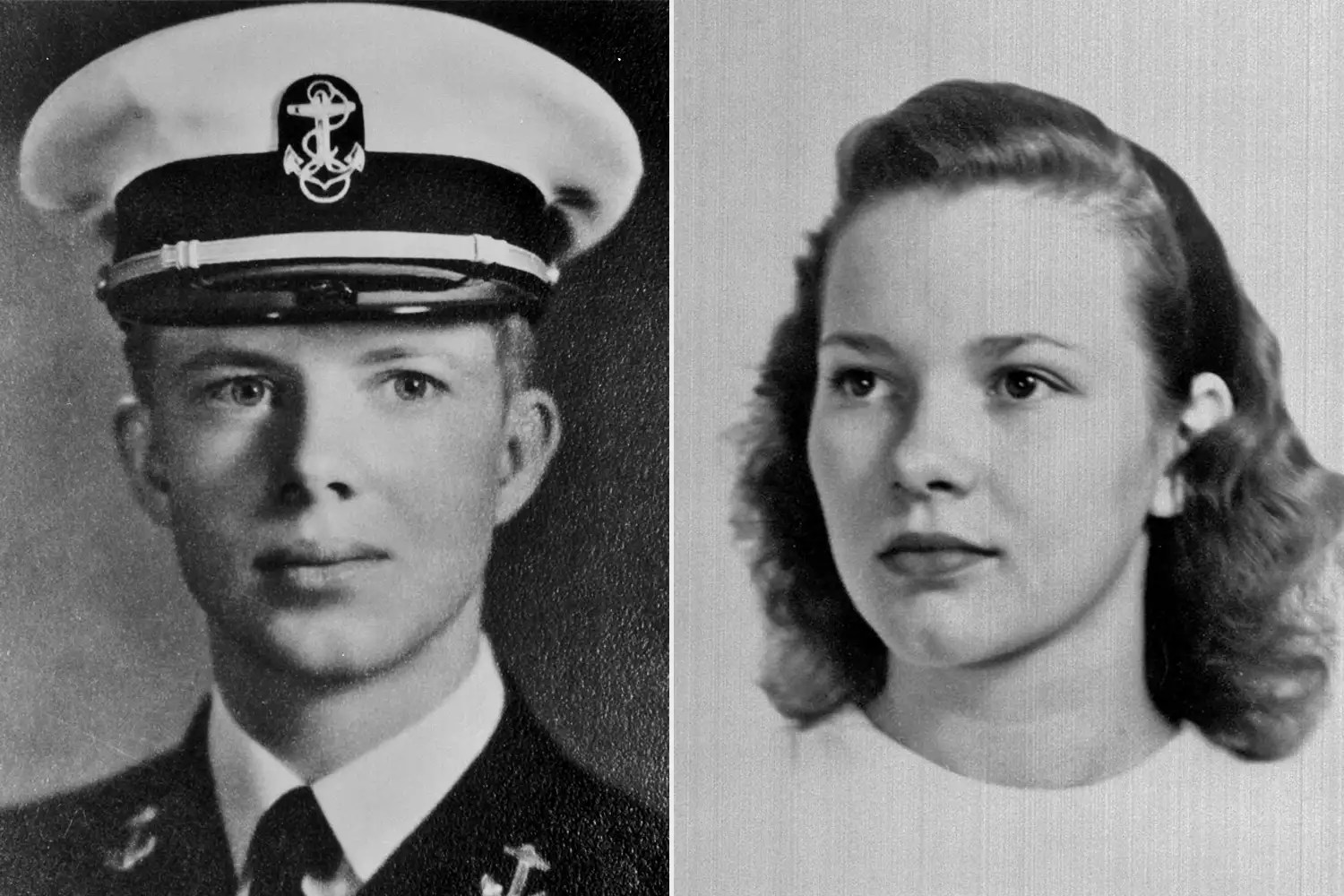 Jimmy Carter and Rosalynn Smith were married shortly after Carter&rsquo;s graduation from the U.S. Naval Academy in 1946. Carter&rsquo;s portrait is from sometime during his years in the Academy (1943-46) and Rosalynn&rsquo;s picture is from 1944, when she was 17. The couple is celebrating their 75th anniversary on July 7, 2021. (Jimmy Carter Library)