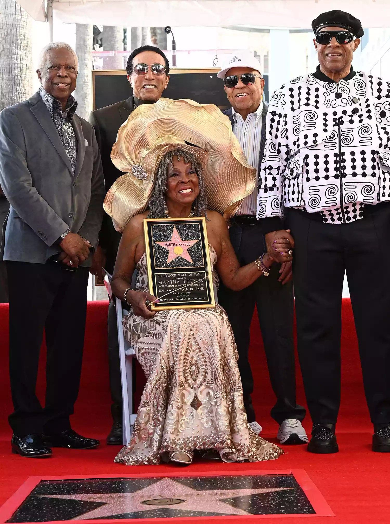 Honoree Martha Reeves (center) is joined by Motown legends (L-R) songwriter/record producers William &ldquo;Mickey&rdquo; Stevenson, Smokey Robinson, record producer Berry Gordy and singer/songwriter Stevie Wonder as she is honored with a star on the Hollywood Walk of Fame at her star unveiling ceremony on March 27, 2024 in Hollywood, California.