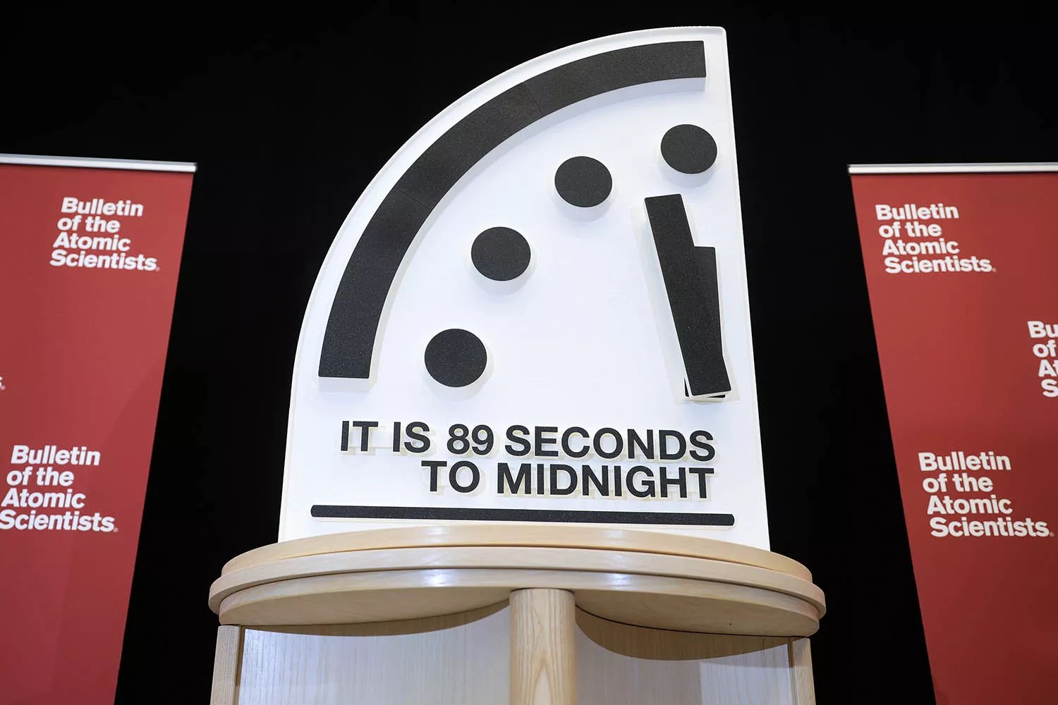 The 2025 Doomsday Clock time is displayed after the time reveal held by The Bulletin of the Atomic Scientists at the United States Institute of Peace on January 28, 2025 in Washington, DC