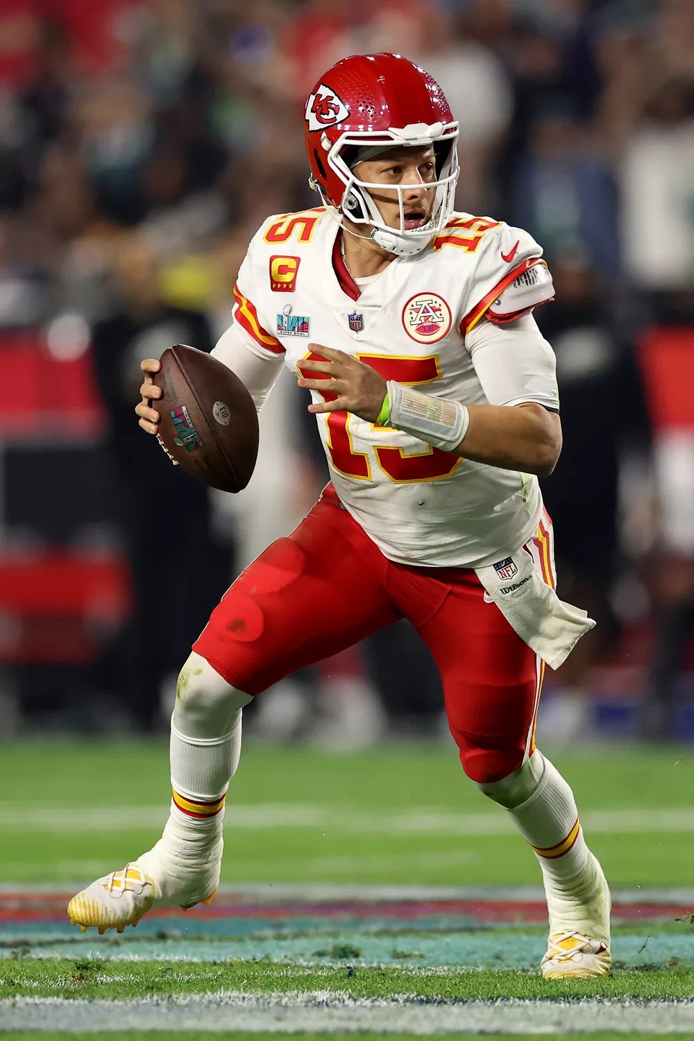 Patrick Mahomes #15 of the Kansas City Chiefs looks to pass against the Philadelphia Eagles during the third quarter in Super Bowl LVII