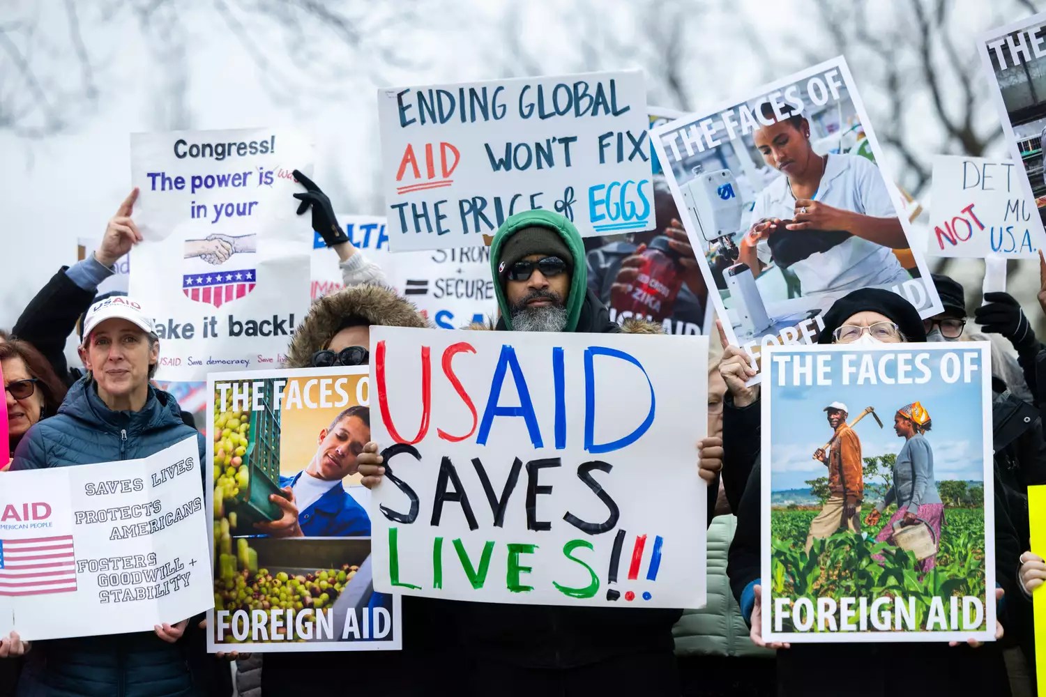 Protestors gather outside of the U.S. Capitol for a rally in support of USAID in Washington, DC on February 5, 2025.