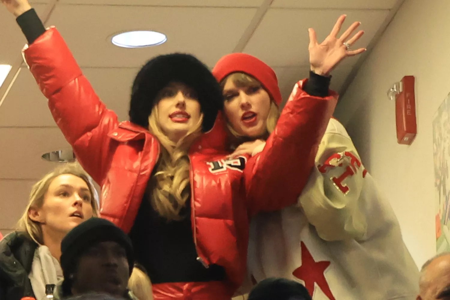 Taylor Swift and Brittany Mahomes celebrate as the Kansas City Chiefs defeat the Buffalo Bills during the AFC Divisional NFL Playoff game