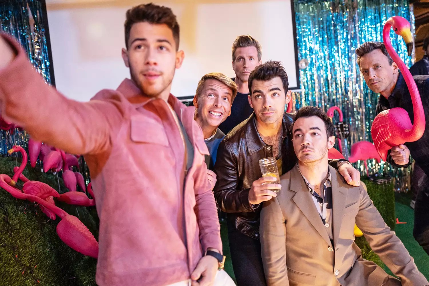 Nick Jonas, Jack McBrayer, Josh Meyers, Joe Jonas, Kevin Jonas and host Seth Meyers during the &lsquo;Day Drinking with the Jonas Brothers&rdquo; sketch on January 21, 2020