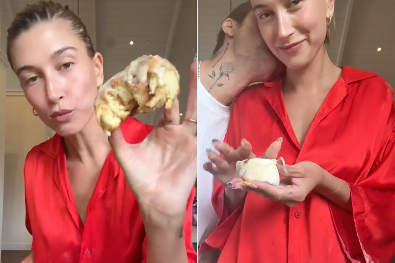 Hailey Bieber making cinnamon roll