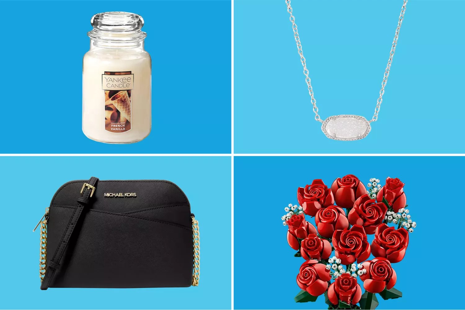 Yankee Candle French Vanilla Scented, Kendra Scott Elisa Pendant Necklace, Michael Kors Womens Dome Jet Set Medium Crossbody and LEGO Botanicals Bouquet of Roses on a blue grid background