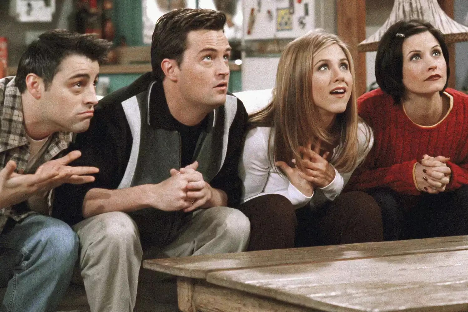 FRIENDS &ndash; &ldquo;The One With The Embryos&rdquo; &ndash; Episode 12 &ndash; Aired 1/15/1998 &ndash; Pictured: (l-r) Matt Le Blanc as Joey Tribbiani, Matthew Perry as Chandler Bing, Jennifer Aniston as Rachel Green, Courteney Cox as Monica Geller (Photo by NBCU Photo Bank/NBCUniversal via Getty Images via Getty Images)