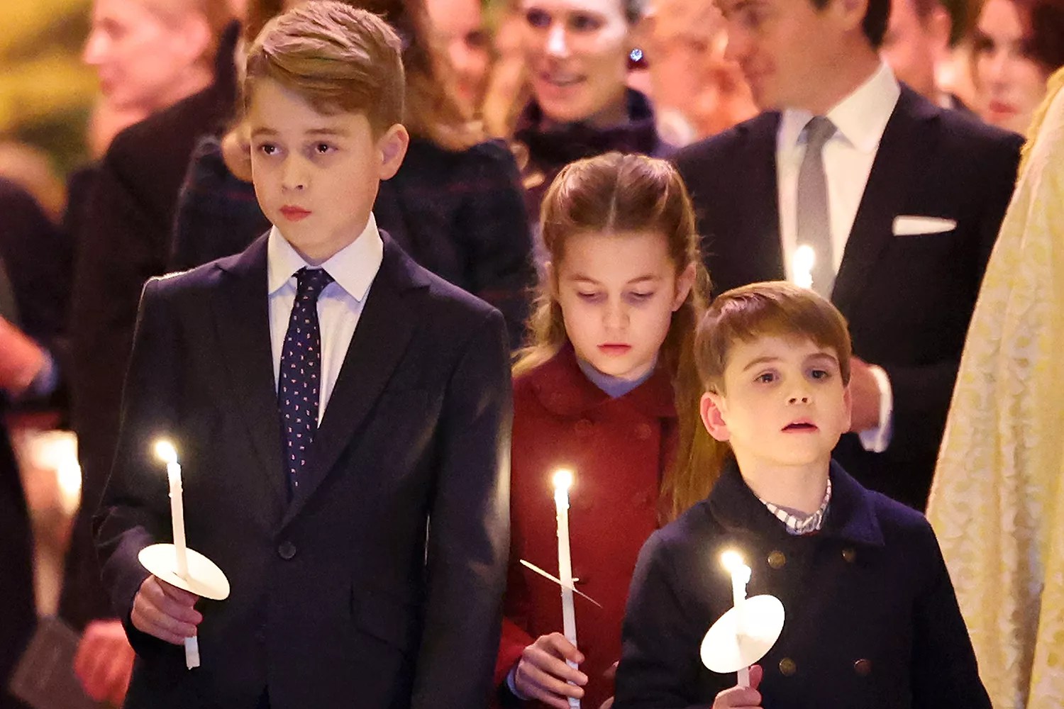 Prince George of Wales, Princess Charlotte of Wales and Prince Louis of Wales attend The &ldquo;Together At Christmas&rdquo; Carol Service at Westminster Abbey on December 08, 2023 in London, England.