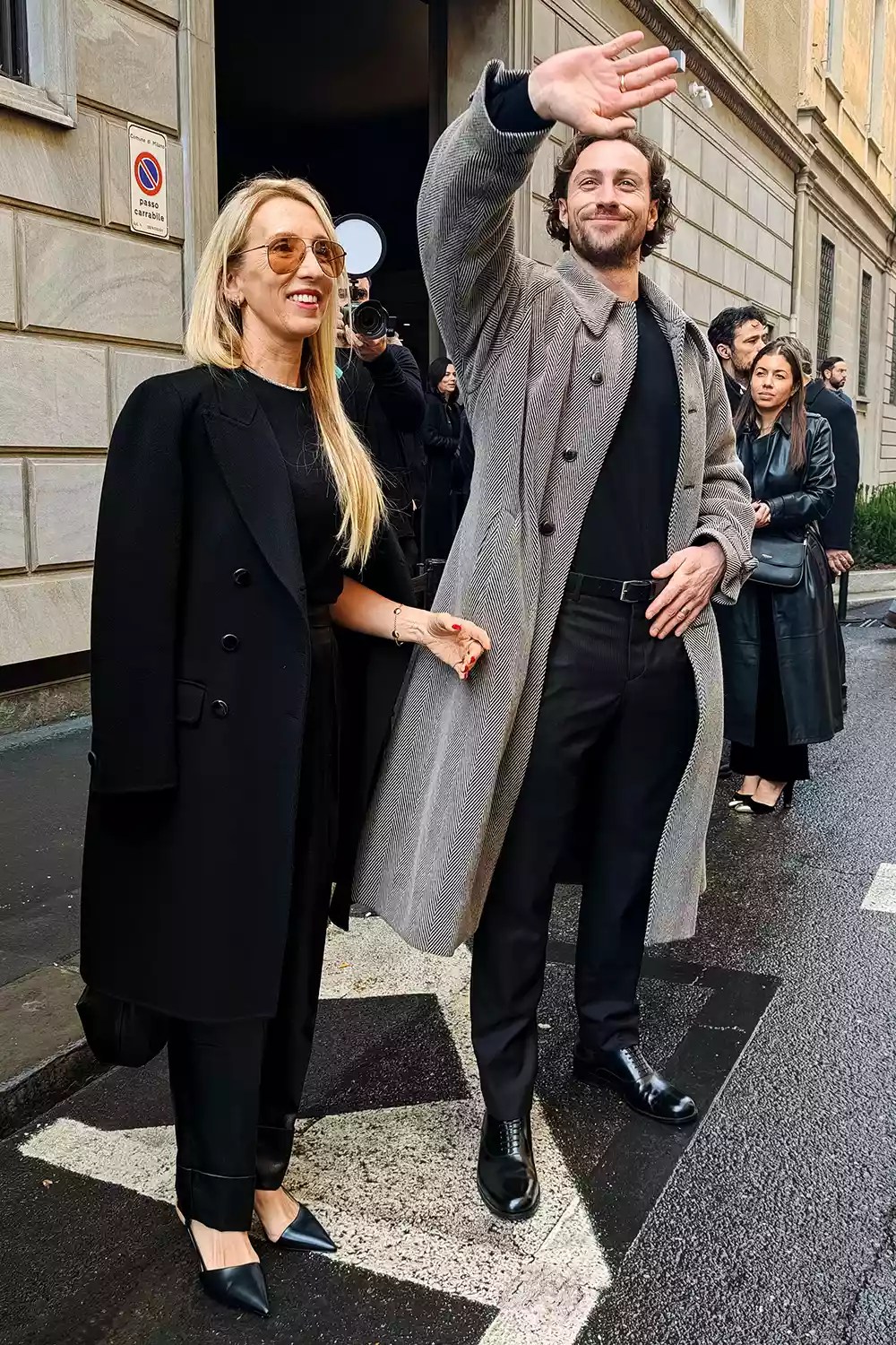 Sam Taylor-Johnson, Aaron Taylor-Johnson Giorgio Armani show, Outside Arrivals, Autumn Winter 2024, Milan Fashion Week, Italy - 25 Feb 2024