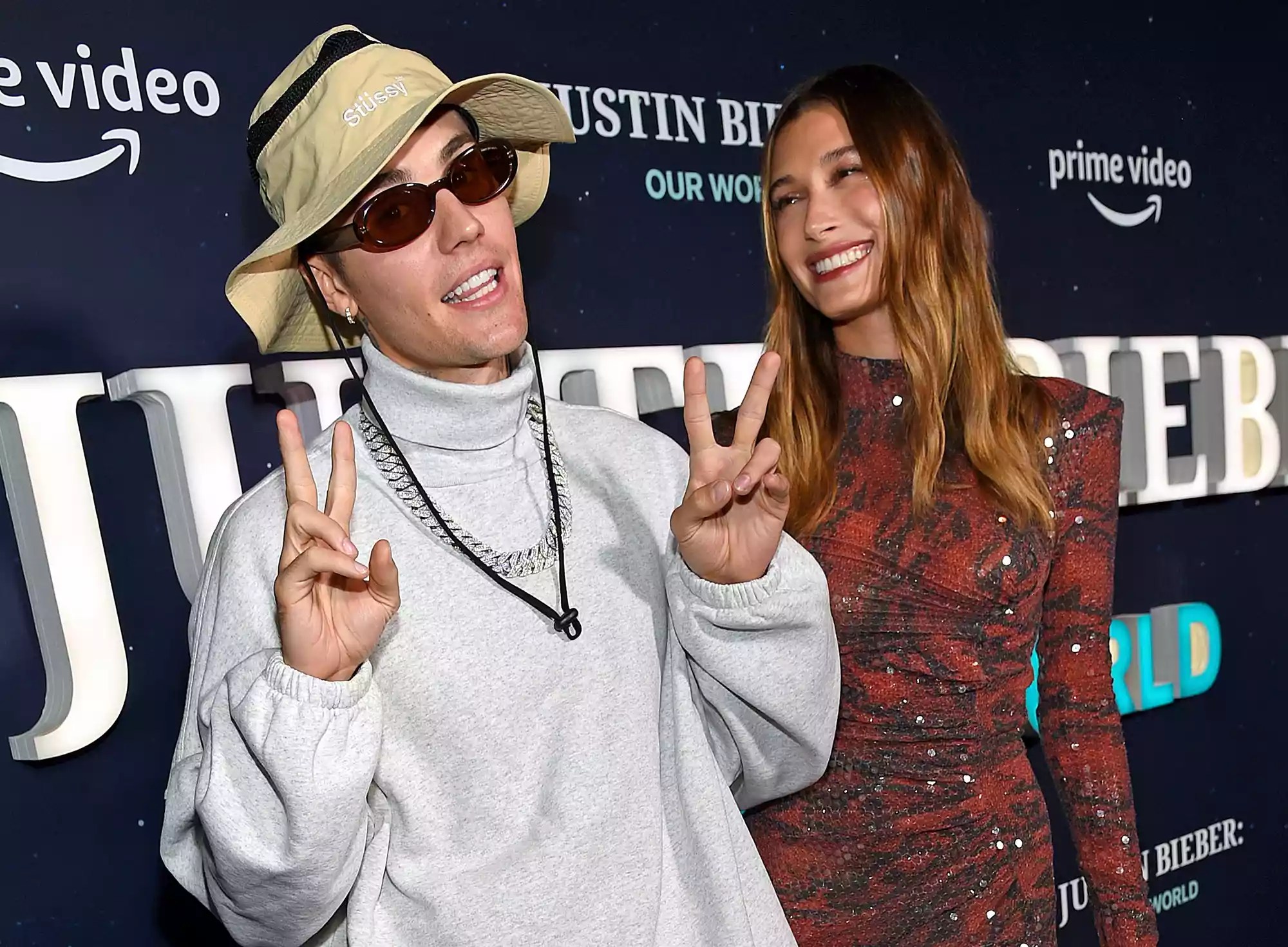 Justin Bieber and Hailey Bieber attend the Justin Bieber: Our World event at The Edge at Hudson Yards on September 14, 2021 in New York City
