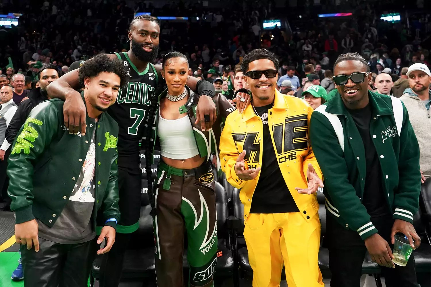Jaylen Brown #7 of the Boston Celtics poses for a picture with recording artist Bia after the game against the Sacramento Kings at TD Garden on November 25, 2022 in Boston, Massachusetts. User expressly acknowledges and agrees that, by downloading and or using this photograph, User is consenting to the terms and conditions of the Getty Images License Agreement.