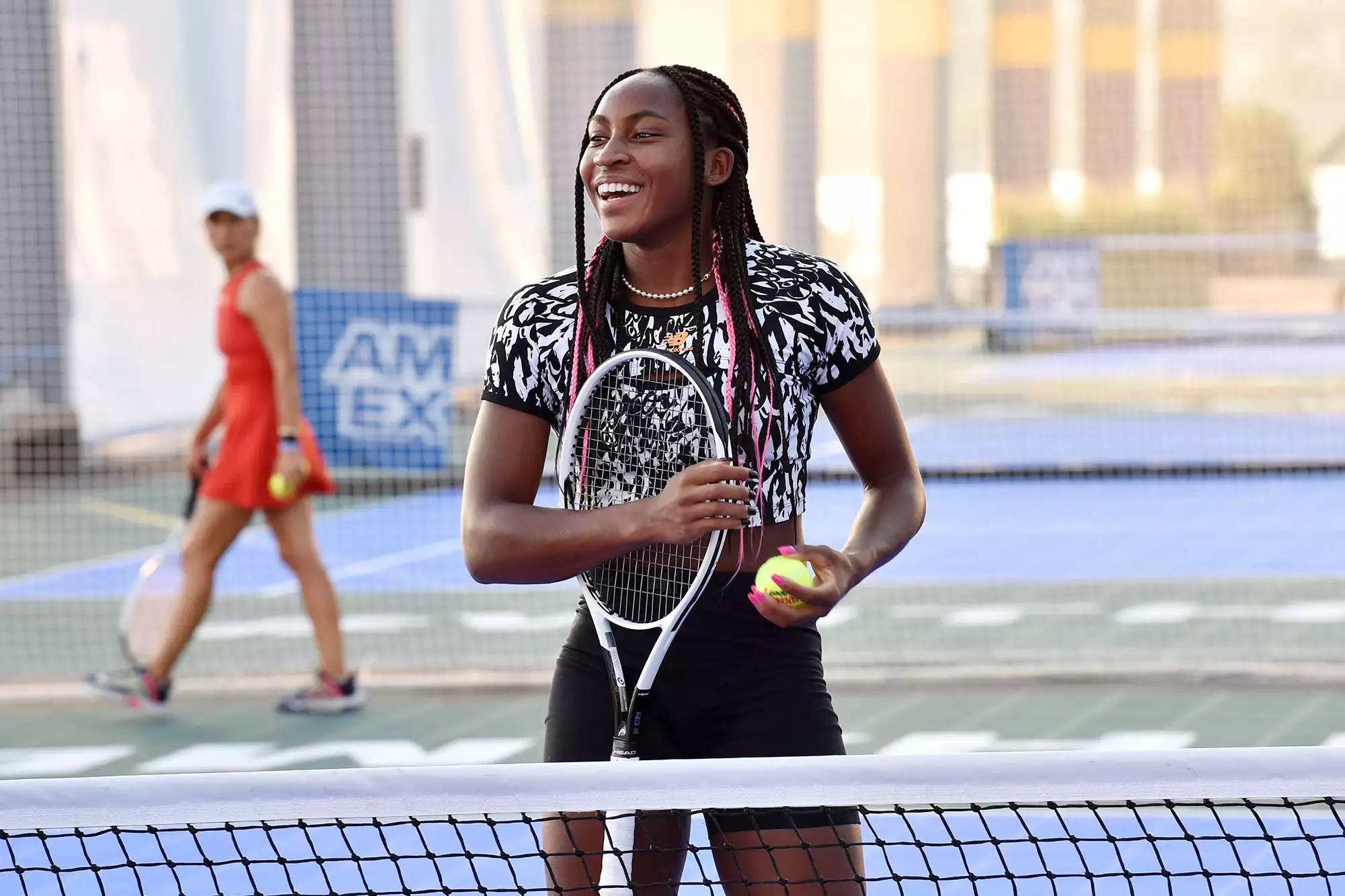 American tennis player Coco Gauff attends as the American Express Courts are unveiled ahead of 2021 US Open Tennis Tournament at Hudson River Park’s Pier 76 on August 24, 2021 in New York City.