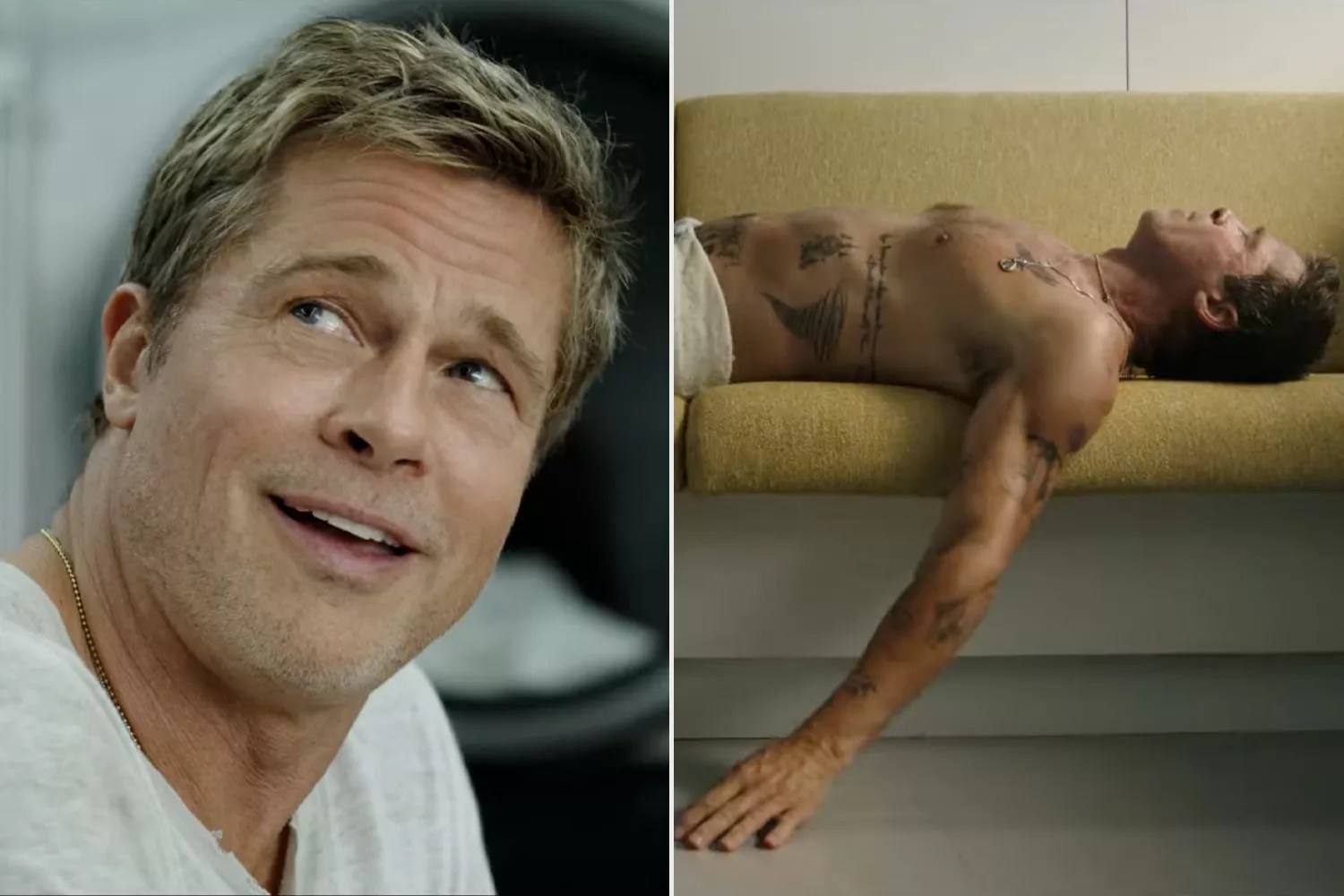 Brad Pitt Gives a Rare Glimpse at His Tattoos in Shirtless Scene of His F1 Movie Trailer