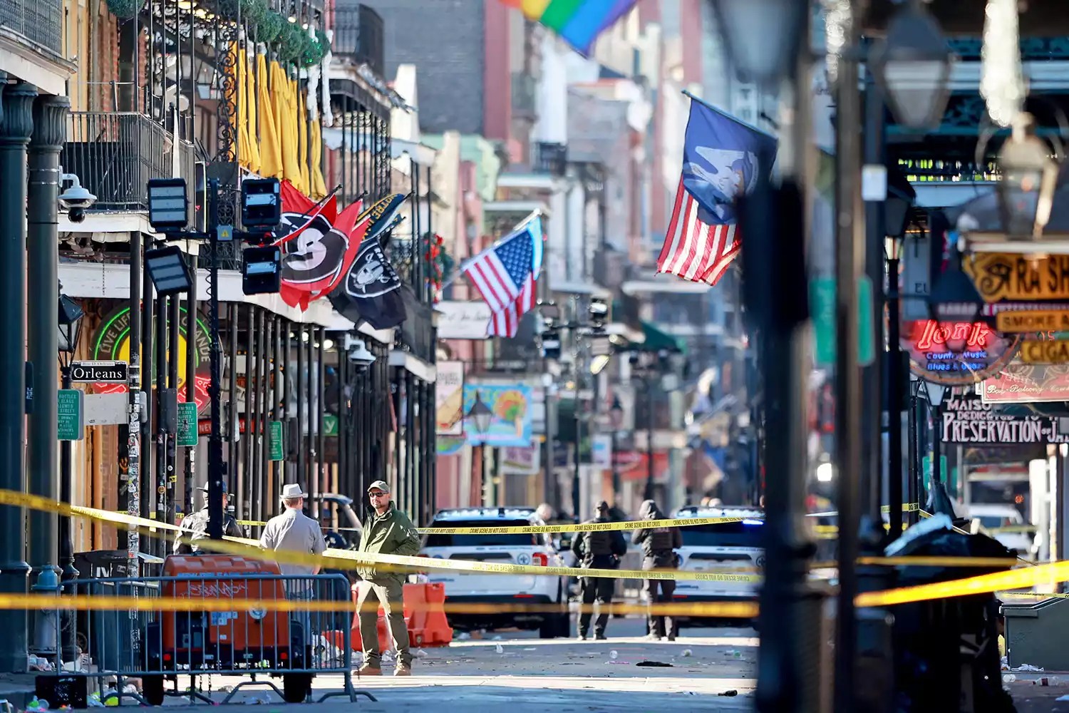 Law enforcement officers from multiple agencies work the scene on Bourbon Street after at least ten people were killed when a person allegedly drove into the crowd in the early morning hours of New Year&rsquo;s Day on January 1, 2025 in New Orleans, Louisiana