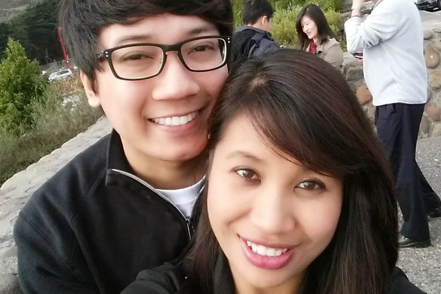 Mark Mangaccat and his girlfriend Thandar Seinn. Selfie taken by Mark on the Golden Gate Bridge in 2014.