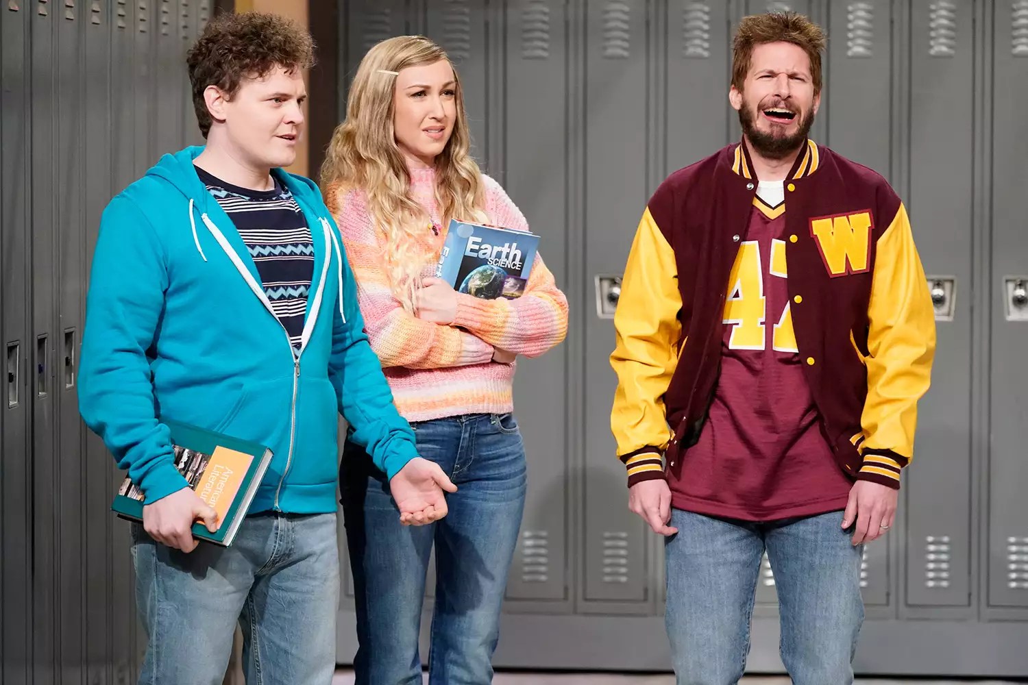 Ben Warheit, Ally Hord and Andy Samberg during the sketch Second Chance Theater on February 4, 2020