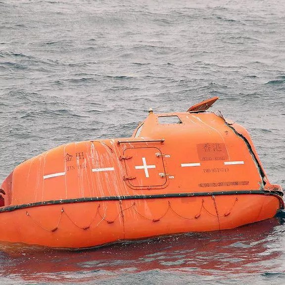 A handout photo taken and released on 25 January 2023 by 7th Regional Coast Guard headquarters shows a lifeboat from the Jin Tian cargo ship, a Hong Kong-registered cargo ship carrying 22 crew members, which sank off Japan&rsquo;s southwestern Nagasaki prefecture. Cargo ship sinks between Japan and South Korea - 25 Jan 2023