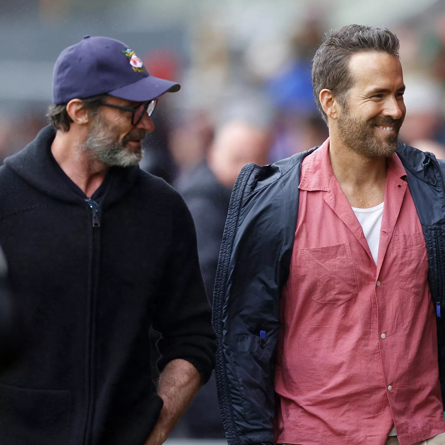 Ryan Reynolds and actor Hugh Jackman meet fans before the Sky Bet League Two match between Wrexham and Milton Keynes Dons