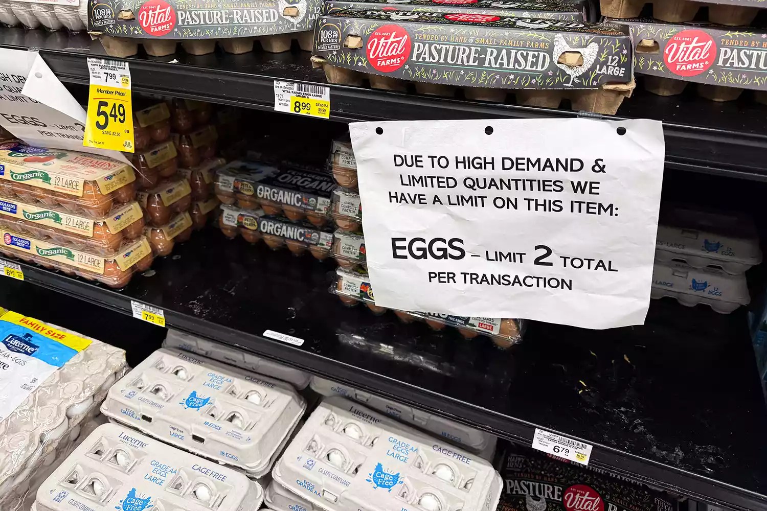 Signage notes a limit due to limited quantities of eggs at a grocery store in Manhattan Beach, California, on January 2, 2025. Bird flu and other factors have contributed to an egg shortage in California